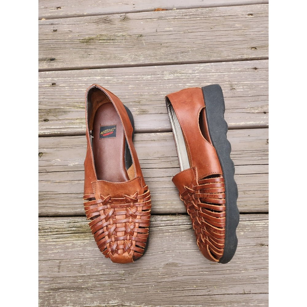 Aerosoles Huarache Loafers Cognac Brown Woven Leather Platform Flats Size 9B